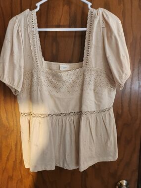 Lucky Brand Light Pink Crochet-Trim Square Neck Peasant Blouse